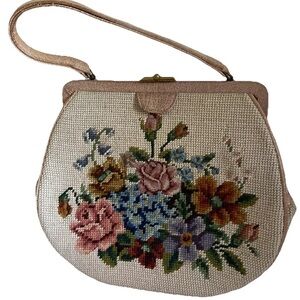 Vintage Floral Needlepoint Purse Handmade Kit Tan Flower Bouquet MCM handbag Bag